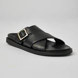 Black Llafranc men’s leather sandals angled view with secure buckle