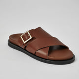 Brown Llafranc leather sandal profile with adjustable buckle