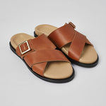 Tan Llafranc men’s leather sandals angled view with buckle