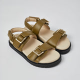 Olive Barna leather sandal side view with gold buckle detail