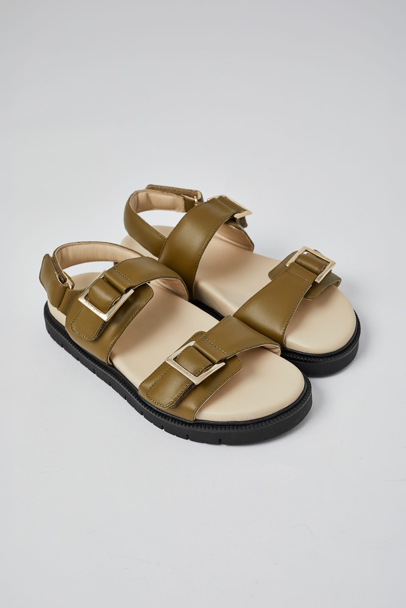 Olive Barna leather sandal side view with gold buckle detail