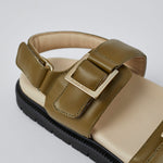 Olive Barna leather sandals angled view with gold buckles